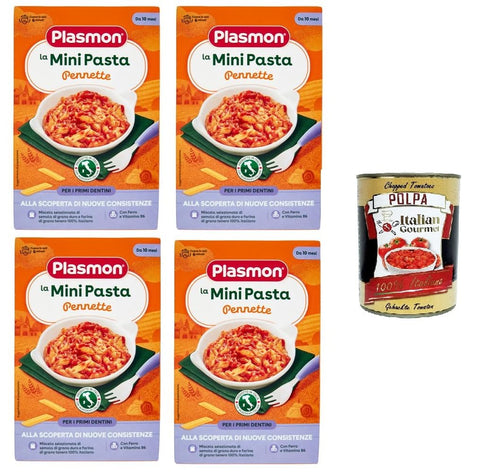 Plasmon la Mini Pasta Pennette die Mini -Stifte Pennette Pasta für Babys ab 10+ 4x 300 g + Italian Gourmet polpa 400g