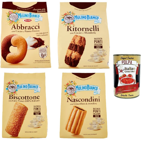 Testpaket Mulino Bianco Abbracci, Ritornelli, Nascondini und Biscottone Shortbread-Kekse mit Kakao und frischer Sahne, ohne Palmöl, 3x 700 g 1x 600g + Italian gourmet polpa 400g