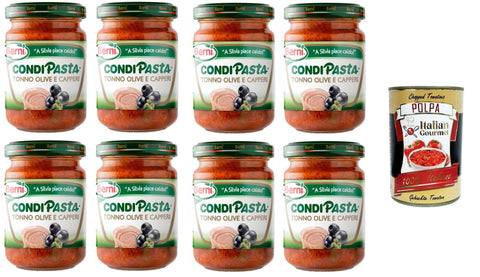 Berni Condipasta Tonno, Olive e capperi Thunfisch, Oliven und Kapern konserviertes Gewürz für erste Gänge und Bruschetta 8x130gr + Italian Gourmet polpa 400g