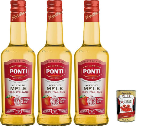 Ponti, Aceto di Mele 100% Italiane, Apfelessig mit einem sanften und harmonischen Geschmack, 5% Säure, ideal für das Aromatisieren Ihrer Salate und Fleisch, 3x 500 ml + Italian Gourmet polpa 400g
