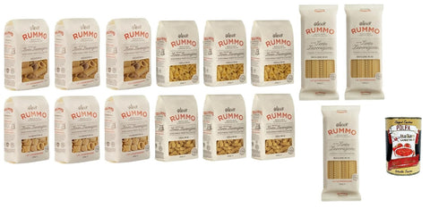 Testpaket Rummo Pasta FARFALLE - FUSILLI - MAFALDINE - PACCHERI - CALAMARATA, Italienische Nudeln aus Hartweizengrieß, 15x 500g + Italian Gourmet polpa 400g