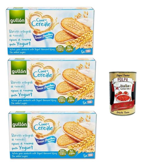 Gullón Cuor Di Cereali Sandwich Con Crema yogurt Senza Zuccheri Aggiunti, kekse, Vollkorn-Getreidekekse, gefüllt mit Joghurtcreme ohne Zuckerzusatz, 3x 220g + Italian Gourmet polpa 400g