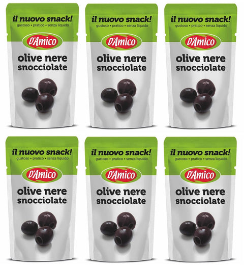 6x D'Amico Il Nuovo Snack Olive Nere Snocciolate Entsteinte Schwarze Oliven Ohne Flüssigkeit 75g