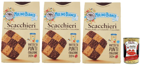 Mulino Bianco Biscotti Scacchieri Frolla con Caramello e Cioccolato, Kekse mit Karamell und Schokolade, biscuits cookies, 3x 300g + Italian Gourmet polpa 400g