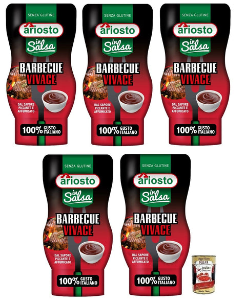 5x Ariosto Salsa Barbecue Vivace,BBQ-Sauce, glutenfrei,mit einem würzigen und rauchigen Geschmack,100% italienischer Tomaten,315-g-Squeeze Flasche + Italian Gourmet Polpa di Pomodoro 400g Dose