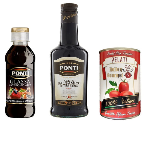 Ponti Aceto Balsamico di Modena g.g.A. 1 x 500 ml + Creme Aceto Balsamico di Modena x 200 ml + 1x Italian Gourmet 100% italienische geschälte Tomaten dosen 400g
