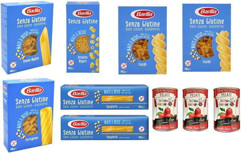 TESTPAKET Barilla senza Glutine Glutenfrei pasta nudeln 7 x 400G + Italian Gourmet 100% italienische geschälte Tomaten dosen 3x 400g