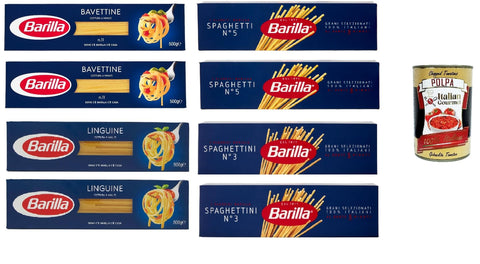 Testpaket Pasta Lange Barilla, Spahetti, Spaghettini, Linguine, Bavettine nudeln, 8x 500g + Italian Gourmet polpa 400g