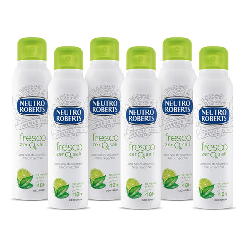 Neutro Roberts, Lufterfrischer-Spray, grün, mit grünem Tee und Limette, ohne Aluminiumsalze, keine Flecken, Deodorant für Damen und Herren – 6 Flaschen à 150 ml – Exklusiv von Amazon