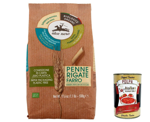 12x Alce Nero Penne rigate al farro, Penne rigate mit Emmer Wheat, 100% Vollkorn 500g + Italian Gourmet polpa 400g