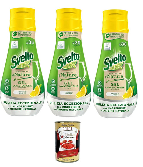 Svelto Gel Lavastoviglie All-in-1 Powered by Nature, 3 Stück mit 36 Waschgängen, Geschirrspülmittel mit Inhaltsstoffen natürlichen Ursprungs, wirksam in kurzen Spülgängen+ Italian Gourmet polpa 400g