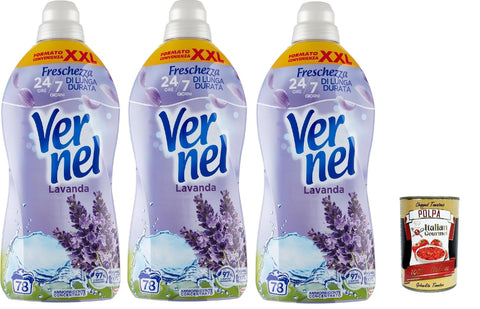 Vernel Lavanda Ammorbidente, Weichspüler, parfümierte konzentrierte Waschmaschine, intensive Frische und Weichheit, 3x 1,9 -Liter XXL -Verpackung + Italian Gourmet polpa 400g