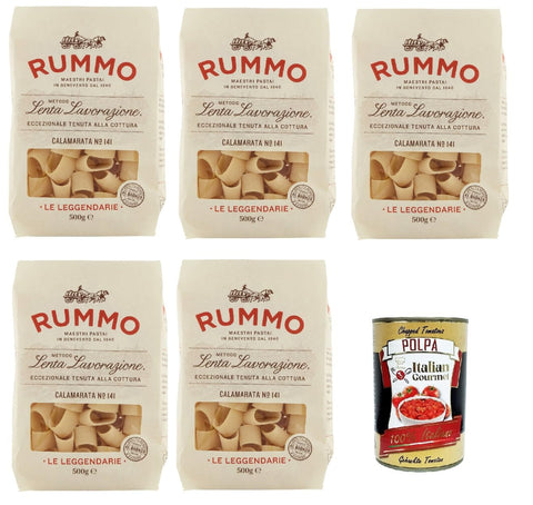 Rummo Le Leggendarie Calamarata № 141 Pasta Lenta Lavorazione Teigwaren aus Hartweizengrieß Bronze-Zeichnung 5x 500g + Italian Gourmet polpa 400g