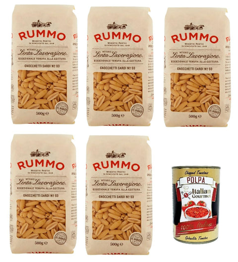Rummo Gnocchetti sardi N°63 Pasta Lenta Lavorazione Teigwaren aus Hartweizengrieß Bronze-Zeichnung 5x 500g + Italian Gourmet polpa 400g