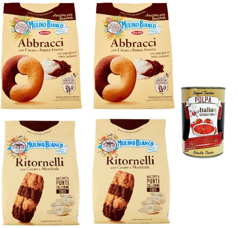 Testpaket Mulino Bianco Abbracci und Ritornelli Shortbread-Kekse mit Kakao und frischer Sahne, ohne Palmöl, geschmacksintensives Frühstück 4x 700 g + Italian gourmet polpa 400g