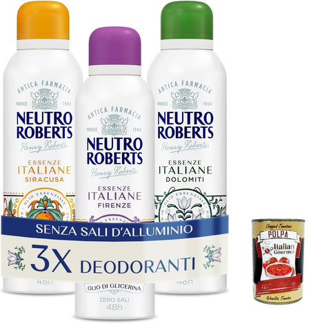 Neutro Roberts, Kit Deodoranti Spray Essenze Italiane Dolomiti, Siracusa e Firenze, Ohne Aluminiumsalze, Nullflecken, mit reinem Glycerinöl, 48H - 3x 200 ml + Italian Gourmet polpa 400g