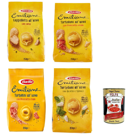 Pasta Le Emiliane Testpaket Eier gefüllte Nudeln, Pasta -Eiernudeln mit 100% frischen italienischen Eiern, ideal in Brühe oder Sauce 4x 250 g + Italian gourmet polpa 400g