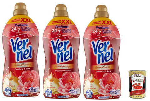 Vernel Aromatherapy Sehnsucht nach Rose, Weichspüler in der Waschmaschine, Konzentrat, Duft wie frisch gewaschen, 3 x 1.9Lt -Liter XXL + Italian Gourmet polpa 400g