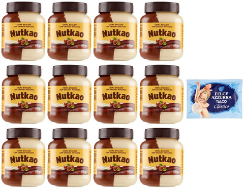 12er-Pack Nutkao Crema Bicolore Cacao,Nocciole e Vaniglia,Streichfähige Creme Kakao mit Haselnüssen und Vanille, 400g-Glas + 1er-Pack Kostenlos Felce Azzurra Talkumpuder, 100g-Beutel