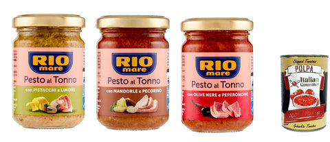 Rio Mare Pesto al Tonno testpaket, Thunfischpesto kochsauce mit Mandeln und Pecorino - mit Pistazien und Zitrone - mit schwarzen Oliven und Chili 3x 130g + Italian Gourmet polpa 400g