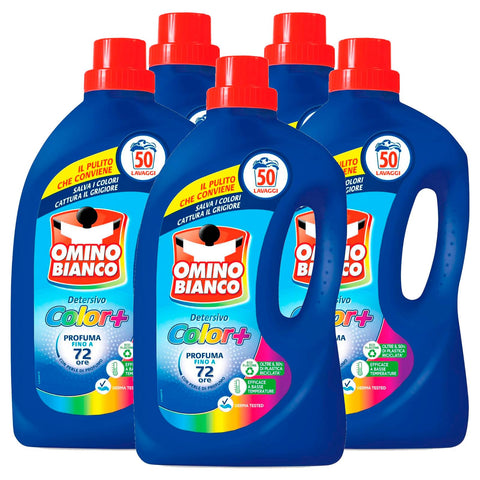 Omino Bianco - Flüssigwaschmittel Color+ speziell für farbige Kleidungsstücke, Technologie spart Farben und fängt Grau 50 Waschgänge 2 l - 5 Flaschen