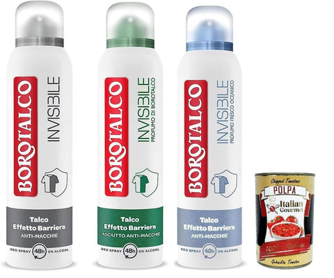 Testpaket Borotalco invisible unsichtbares Deo-Spray, alkoholfreie Formel mit Talkum-Barriere-Effekt, klassisches 48-Stunden-Parfüm 3x 150 ml + Italian Gourmet Polpa 400g