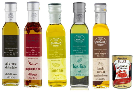 Olitalia Olio Condimento a Base di olio extra vergine di oliva all'aroma testpaket, Extra Natives Olivenöl geschmack 5x 250ml + Italian Gourmet polpa 400g