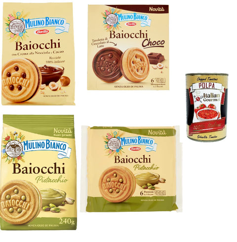 Testpaket Baiocchi Haselnuss und Kakao choco Pistazie 4 Stück + Italian gourmet polpa 400g