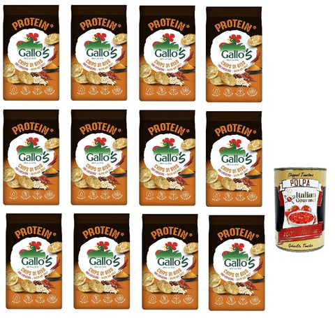 Riso Gallo Chips Hot Spicy, con Riso Rosso,Snack mit Vollkorn Rotem Reis und spicy Geschmack, 12x 40g-Beutel + Italian Gourmet Polpa di Pomodoro 400g