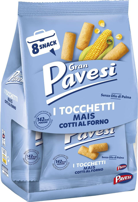12x Gran Pavesi Snack Tocchetti, Snack Chunks, gebackene Maissnacks, ohne Palmöl – 8 Päckchen (256 g)+ Italian gourmet polpa 400g