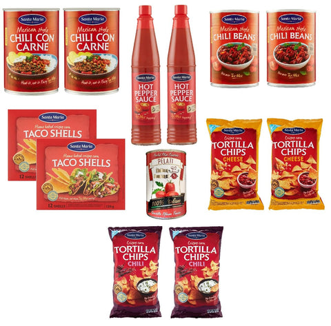 Testpaket SantaMaria Mexico-2x mexikanische Bohnen mit Chili,2xWürzige Chili-Pfeffer-Sauce,2xChili-Tortilla-Chips,2xTortilla-Chips-Käse,2xTaco Shells,2xChili mit Fleisch+Italian Gourmet pelati 400gr