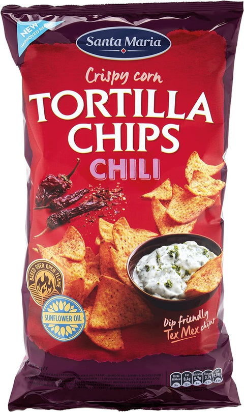 10x Santa Maria, Chili-Tortilla-Chips, knusprige und dünne Maisblätter, in Spalten geschnitten und frittiert, ideal als Snack, Vorspeise oder Aperitif, 185 g