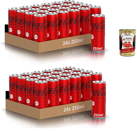Zero Sugar, 48x 250 ml Dosen, der gesamte Geschmack der -Formel ohne Kalorien, Mini, 100% recycelbare, Erfrischungsgetränk mit Süßungsern + Italian Gourmet polpa 400g