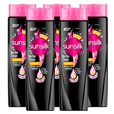 Sunsilk Bye Bye Kräusel-Shampoo mit Keratin und nährendem Öl für krauses und beschädigtes Haar, feuchtigkeitsspendend, nährend, intensiv aufhellend, 5 Flaschen à 250 ml