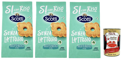 Si con Riso - Biscotto Rustico con riso - Reiskeks, rustikal, Laktose -freie und palmenfreie Kekse, Lactose -free biscuits 3x 200 g + Italian Gourmet polpa 400g