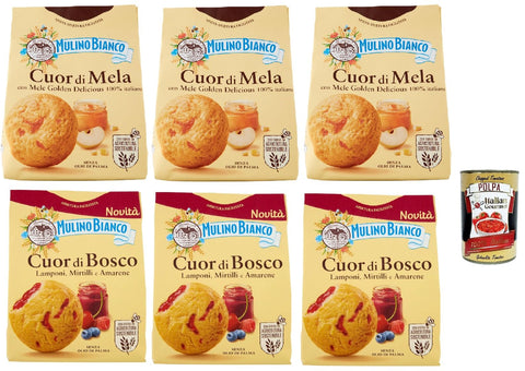 Mulino Bianco Cuor di Mela und Cuor di Bosco Biscotti, Kekse mit 100% italienischen Äpfeln und mit Wald und schwarzem Kirschfest füllen, cookies biscuits 6x 300 g + Italian Gourmet polpa 400g