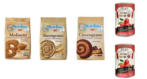 TESTPAKET Mulino Bianco kekse 100% Vollkorn 3 x 350g biscuits cookies + Italian Gourmet 100% italienische geschälte Tomaten dosen 2x 400g