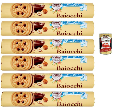 Mulino Bianco Baiocchi Biscotti Snack Farciti con Crema alla Nocciola e Cacao, Snack Kekse mit Haselnusscreme und Kakao gefüllt, 6x 168 g + Italian Gourmet polpa 400g