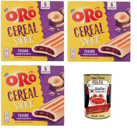 Oro Saiwa, Cereal Snack Prugna, Weiche Müsli -Kekse mit Pflaumenfüllung, Faserquelle und Magnesium, 3x 162G + Italian Gourmet polpa 400g