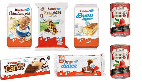 Testpaket Kinder Ferrero Brioss Colazione più Panecioc Delice Cards Snack + Italian Gourmet 100% italienische geschälte Tomaten dosen 2x 400g