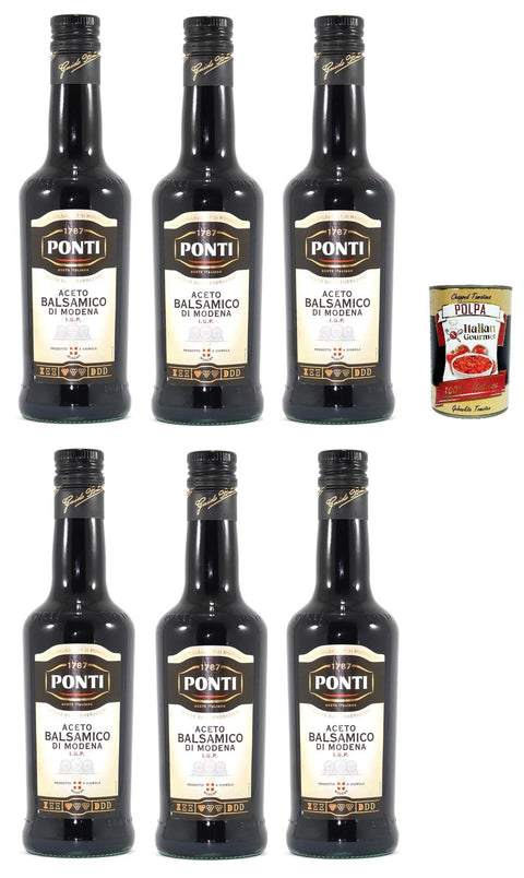 Ponti Aceto Balsamico di Modena, 500 ml Flaschen, 6er-Pack, Italienischer Balsamessig, + Italian Gourmet polpa 400g