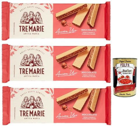 Tre Marie Ancora Uno Wafer Nocciolato Waffel gefüllt mit Haselnusscreme und gehackte Haselnüsse 3x 140g + Italian Gourmet polpa 400g