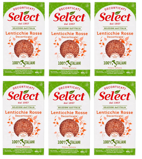 6x Select Lenticchie Rosse Decorticate Geschälte Rote Linsen 100% Italienische Hülsenfrüchte Papier Verpackung von 400g
