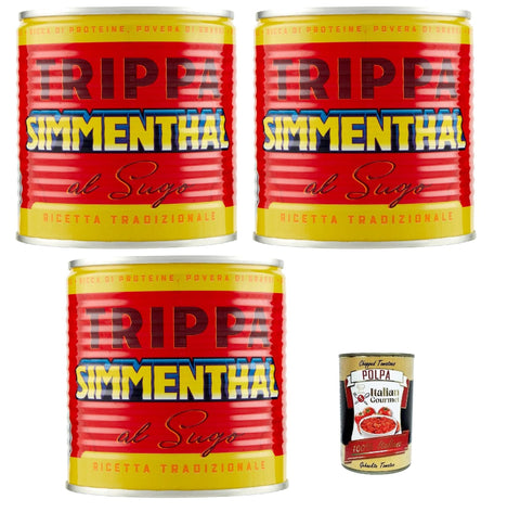 SIMMENTHAL Trippa al sugo, Kaldaunen 3x 420 g Kutteln Fleisch in dose tripe italien + Italian Gourmet polpa 400g