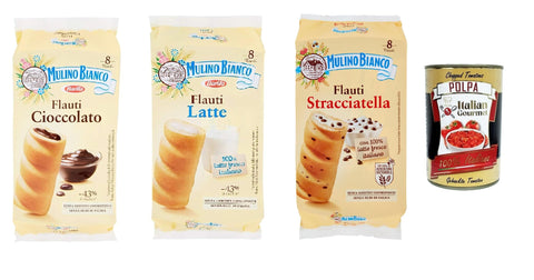Testpaket Mulino Bianco Flauti , Snacks mit Schokolade, Stracciatella und Milch kuchen süßer Snack für zwischendurch 3x 280 gr + Italian Gourmet polpa 400g