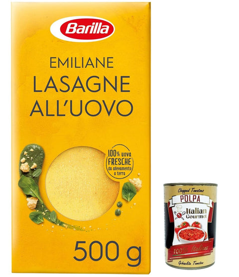 12x Barilla Pasta all' Uovo Le Emiliane Lasagne, Eiernudeln, Pasta mit Ei 500g + Italian Gourmet polpa 400g