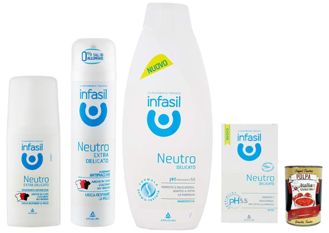 Infasil neutro extra delicato Testpaket, deo spray deodorant vapo, Intimseife dushgel 4 stuck + Italian Gourmet polpa 400g