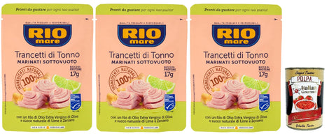 Rio Mare Trancetto Di Tonno Lime E Zenzero, Thunfischstücke mit nativem Olivenöl extra, Ingwer und Limettensaft 3x 70g + Italian Gourmet polpa 400g