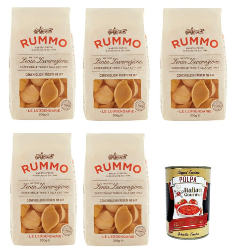 Rummo Le Leggendarie Conchiglioni Rigati № 147 Pasta Lenta Lavorazione Teigwaren aus Hartweizengrieß Bronze-Zeichnung 5x 500g + Italian Gourmet polpa 400g