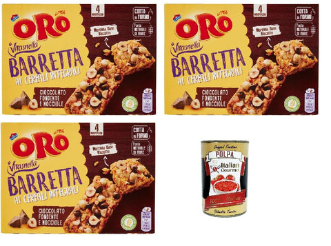 Oro Saiwa Barretta ai Cereali Integrali e al Cioccolato Fondente e Nocciole, Riegel snack mit Ganzes Getreide und dunkle Schokoladen und Haselnüsse 3x 160 g + Italian Gourmet polpa 400g